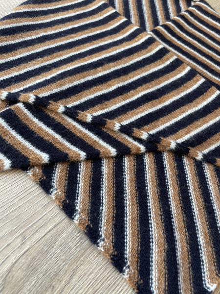 LARGE TRIANGLE SCARF BROWN NAVY & ECRU MULTI-STRIPE