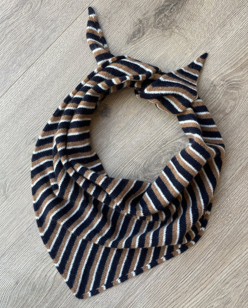 LARGE TRIANGLE SCARF BROWN NAVY & ECRU MULTI-STRIPE