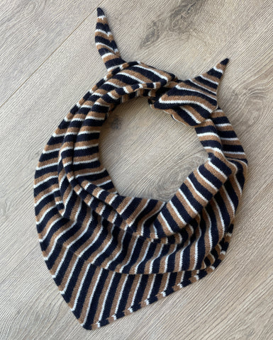 LARGE TRIANGLE SCARF BROWN NAVY & ECRU MULTI-STRIPE