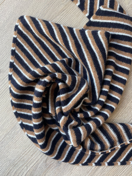 LARGE TRIANGLE SCARF BROWN NAVY & ECRU MULTI-STRIPE