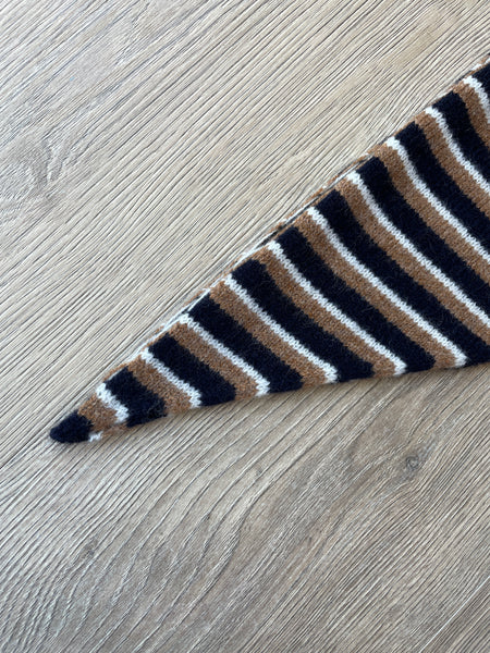 LARGE TRIANGLE SCARF BROWN NAVY & ECRU MULTI-STRIPE